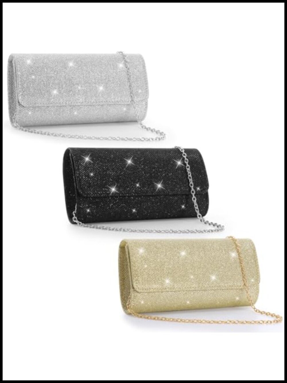 3 Pack Sparkly Glitter Evening Clutch with Detachable Chain - Formal Party Purse